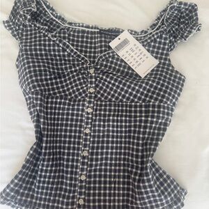 Brandy Melville Navy and White Plaid Blouse